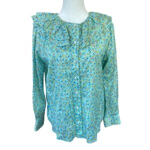 J. Crew Ruffle Blouse‎ Aqua Metallic Floral Field Day Print Size Small